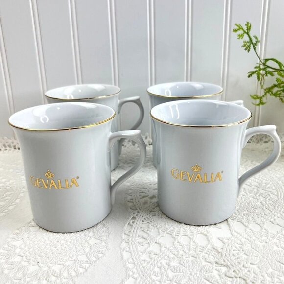 Gevalia White Porcelain Coffee Mugs Set Of 4 White with Gold Rim Detailing - Picture 1 of 12
